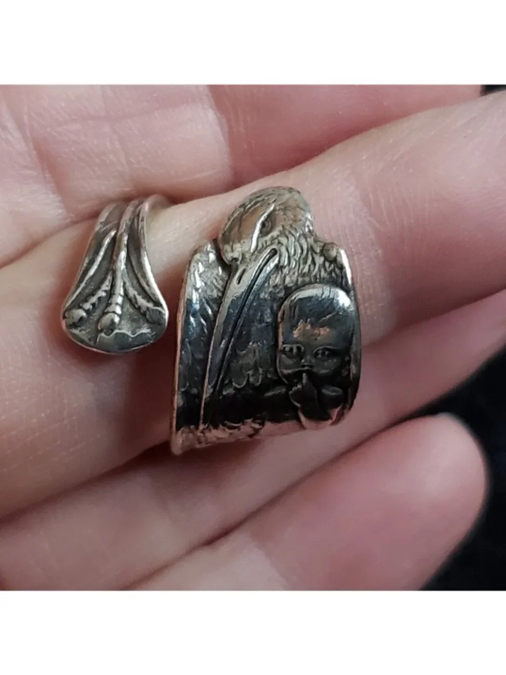 Vintage Sterling Silver Spoon Ring Sz 7 Stork Baby Boy RW&S